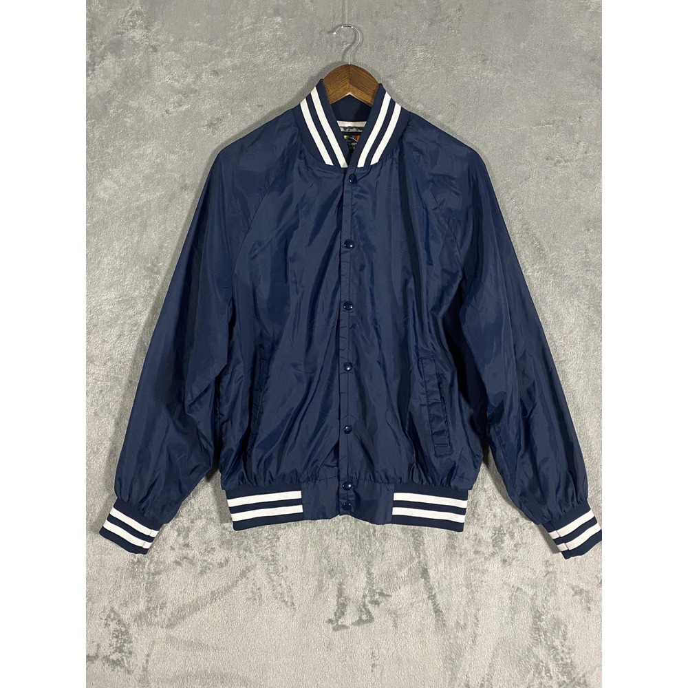 Vintage Varsity Style Jacket Men Sz L Blue Striped Snap USA 80s Retro Streetwear